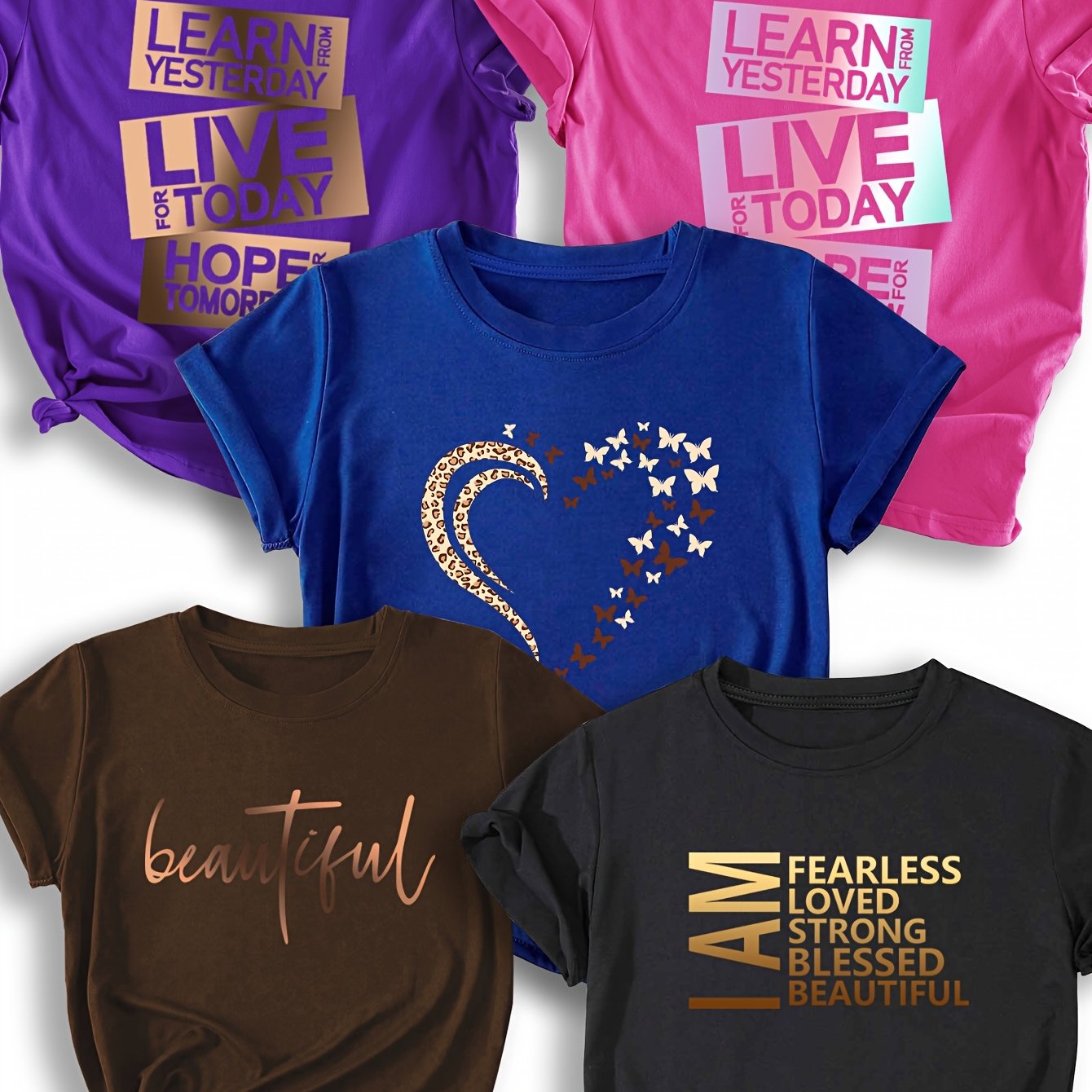 5pcs Women'S Casual Crew Neck T-Shirts - Short Sleeve, Polyester, All-Season, Round Neck, Short Sleeve Tee | Inspirational Print Tee | Comfortable Fit Tee