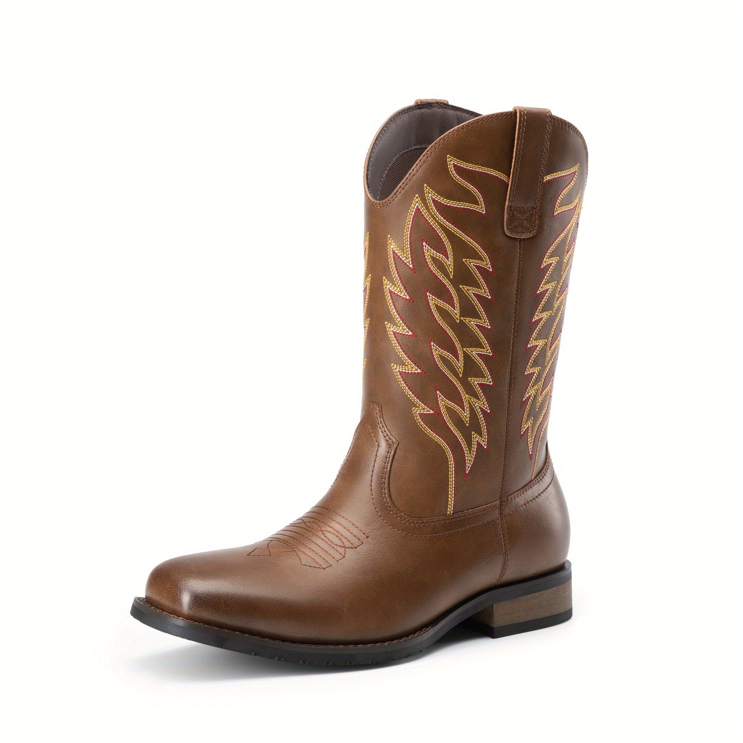 Bruno Marc Men's Slip-On Western Cowboy Boots with Chic Cloud Pattern & Orange Flame-like Toe - Non-Slip TPR/Rubber Sole, Comfortable PU Upper, Retro Square Toe - All-Terrain Riding, Masquerade & Party Boots for Men (Easy Sli