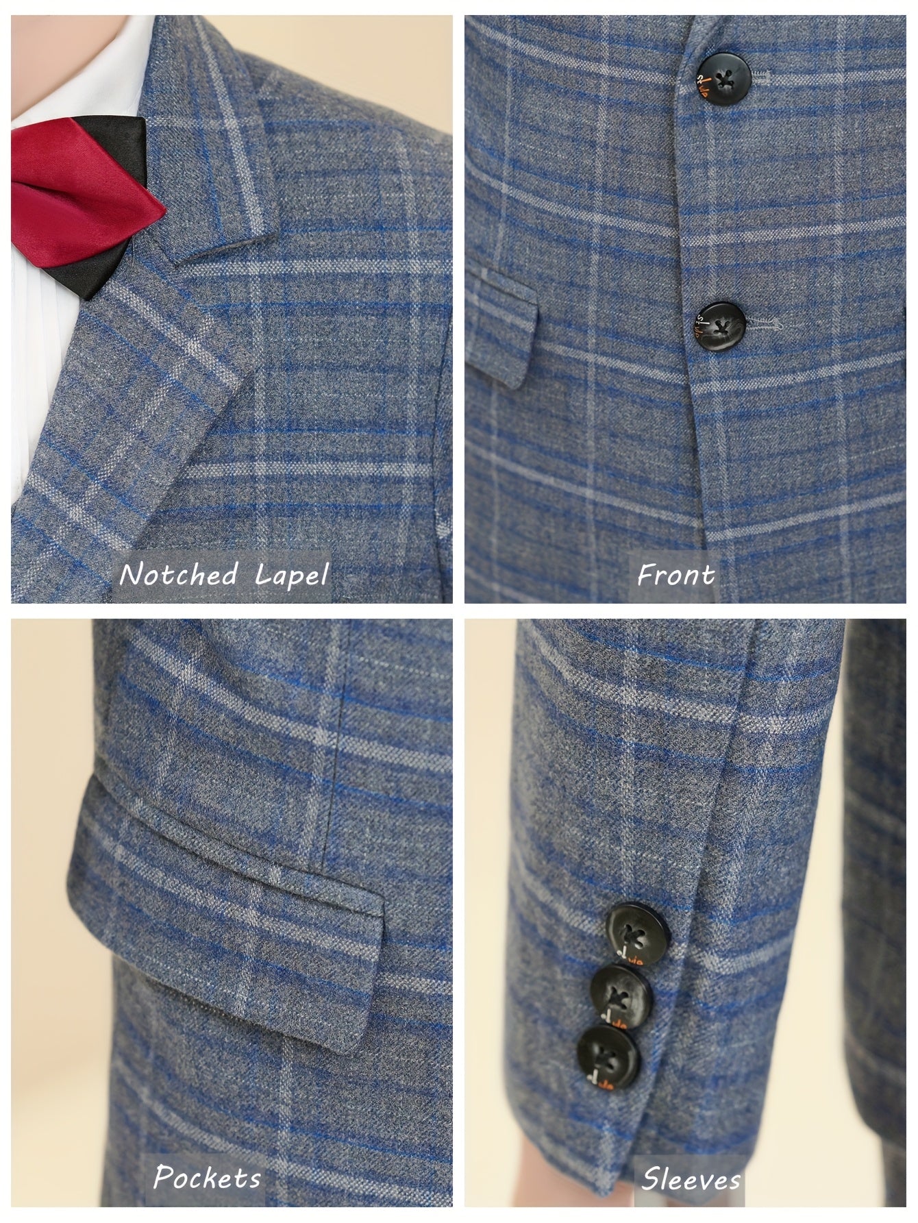 Boys' Suit Three-Piece Set Blue and White Plaid Jacket + Vest + Trousers 6-16 Size Formal Wear Boys' Wedding Dress Party Performance Outfit Christmas Collection School Event Attire