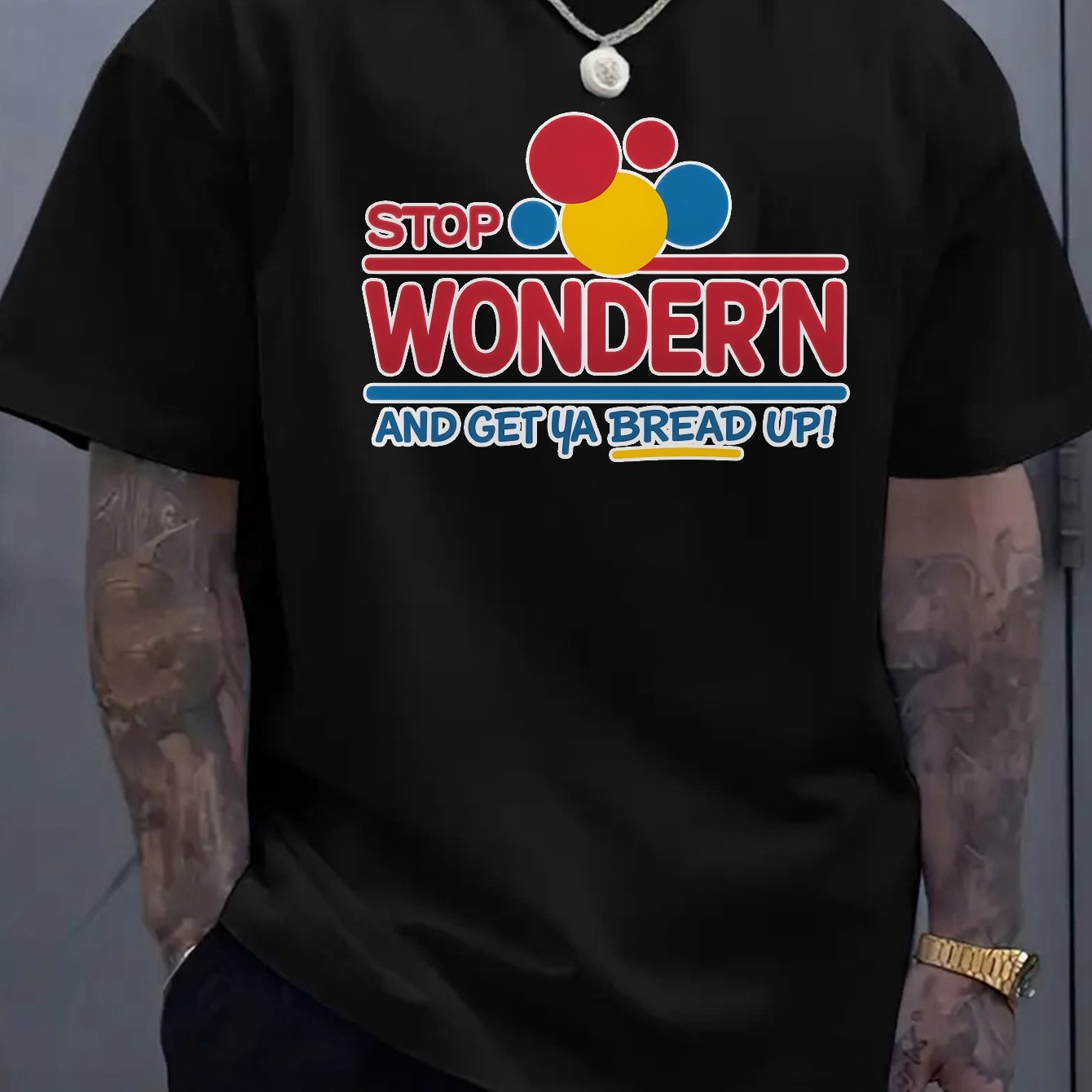 Men's Soft Cotton T-Shirt with "Stop Wondering and Get a Bread Up!" Graphic Print - Casual Loose Fit, Short Sleeve, Round Neck, Breathable & Comfortable for Casual Attire, Gym, or Summer Activities, Gym Shirts