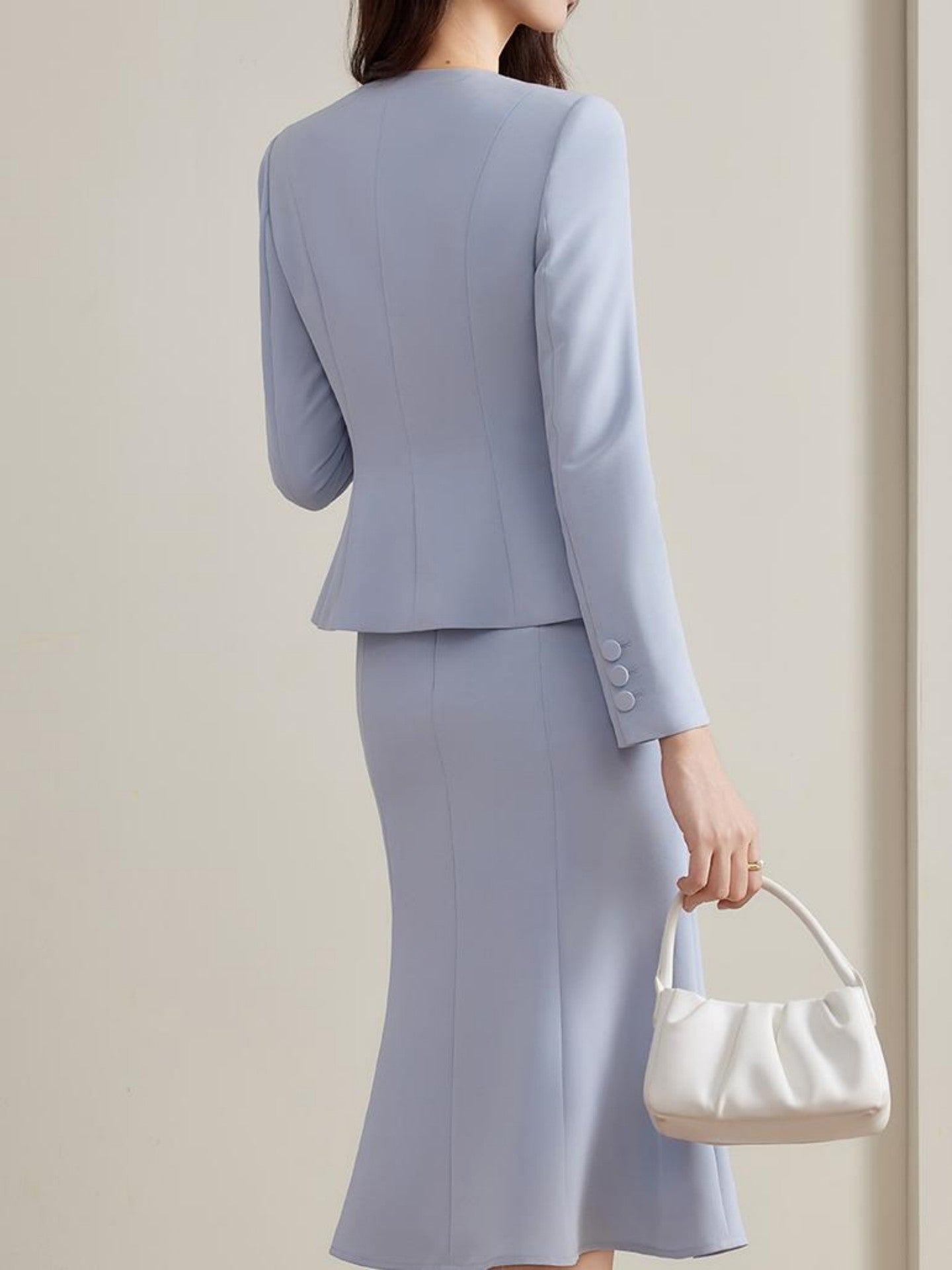 Light Purple Waist - cinching Blazer Set, Autumn & Winter Long - Sleeve Short Jacket + Mermaid Midi Skirt, Office Commute Two - piece Outfit