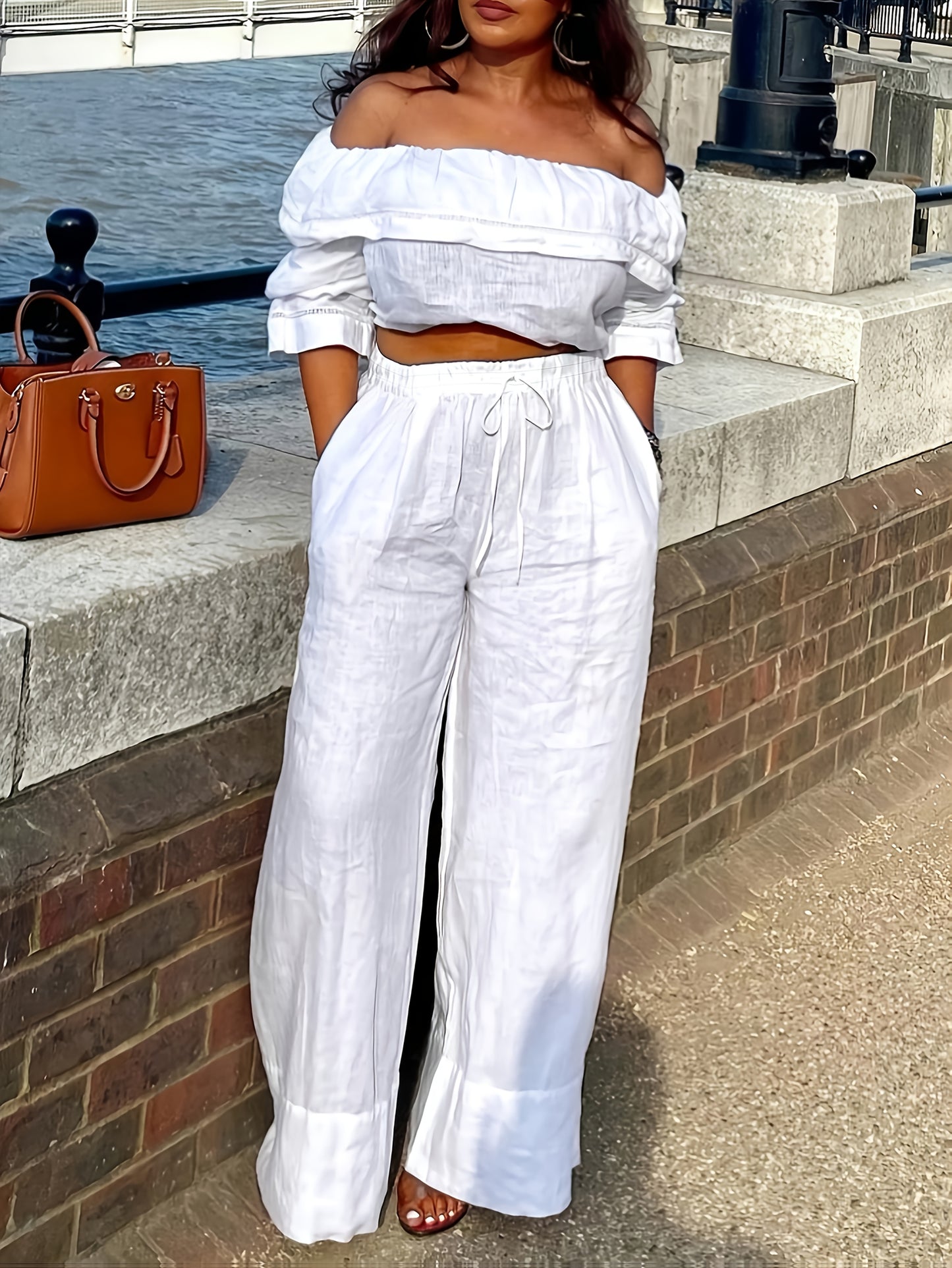 New Elegant Style Products In 2025, 2pcs Set Of Casual And Elegant Clothes For Women, Suitable For All Seasons To Wear, One-shoulder Off-shoulder Solid Color Top And Strap-on Straight-leg Pants Suit