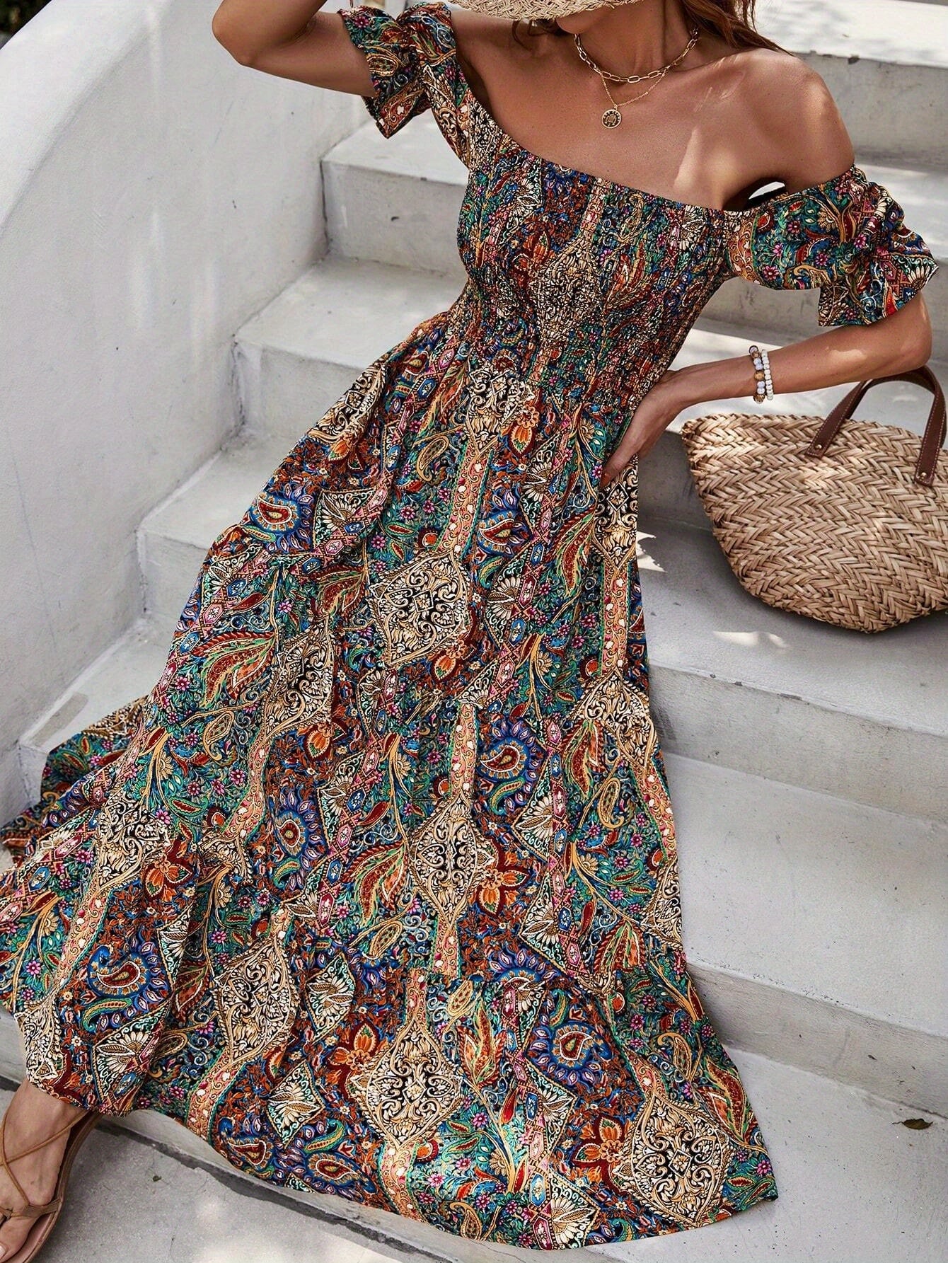 Women'S Boho Off-Shoulder Beach Outfits Floral Print Maxi Dress