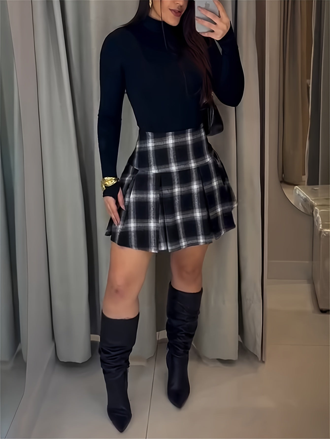 High Neck Long Sleeve Open Back Jumpsuit and Casual Plaid Print Pleated Skirt Set