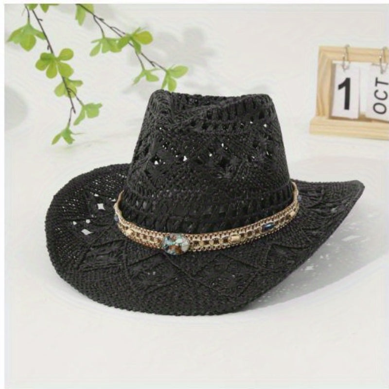 Women'S Western Cowgirl Hat with Belt - Wide Brim, Lightweight Stretch Fit for Beach, Outdoor, Casual - All-Season Western Style with Brown Belt - Perfect for Cowboy, Ranch, or Everyday Chic Looks, Cowboy Hat, Outdoor Headwea