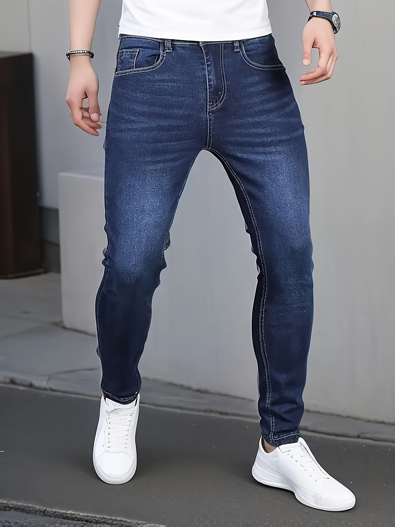 Men'S Slim-Fit Stretch Denim Jeans - Mid-Rise Casual Street Style, Light Wash, Mid-Stretch Comfort Fit for Casual Attire, Versatile Jeans|Slim Fit Jeans|Washed Jeans