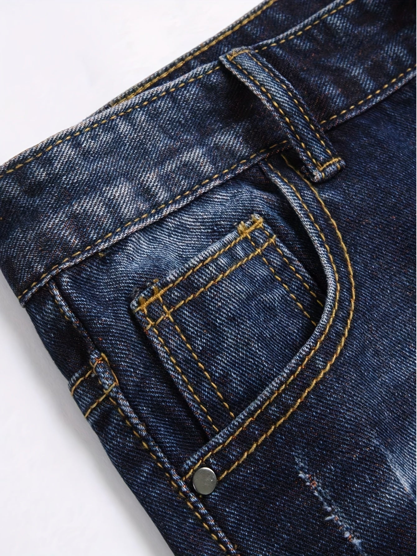 's & Teen Boys' Dark Washed Blue Distressed Jeans - Heavy-Denim Ripped Straight Leg Pants with Frayed Hem & Belt Loops, Mid-Rise Slim Fit for Casual Casual Attire (Machine Washable, All-Season) - Youthful Streetwear Style (Ag