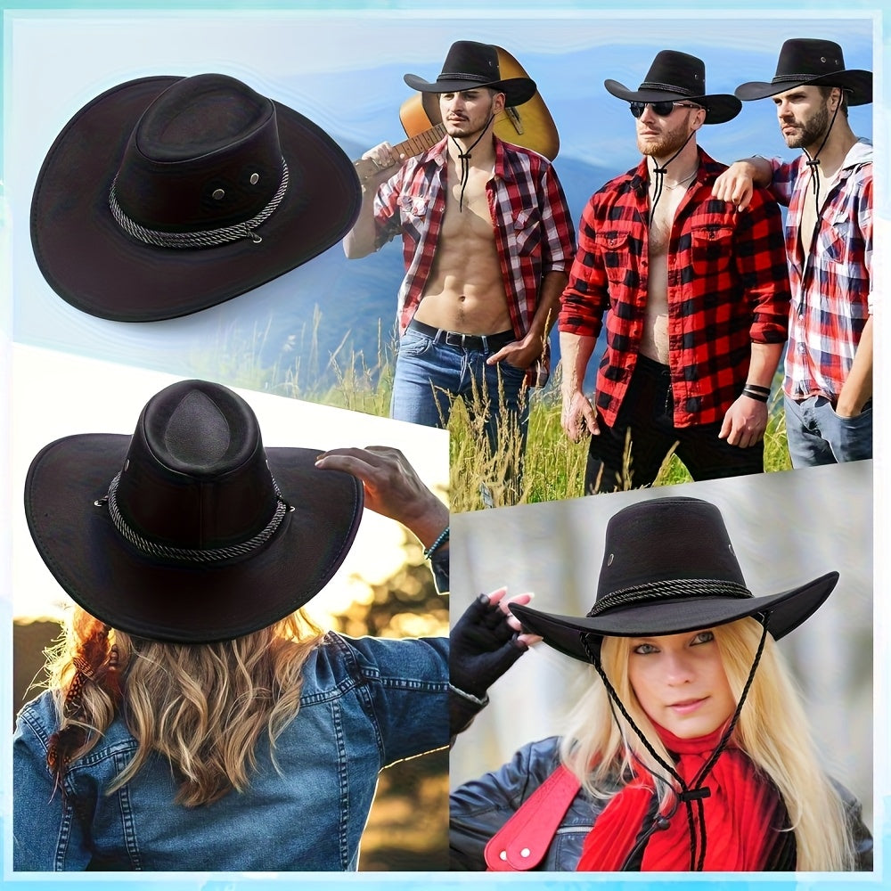 3pcs Set Of Western Cowboy Hat And Scarf, Unisex for Adults, Suitable for Costume Parties, Drawstring Closure, Ideal for Beach Leisure, Cycling, Makeup Parties, Cowboy Hat Accessories.