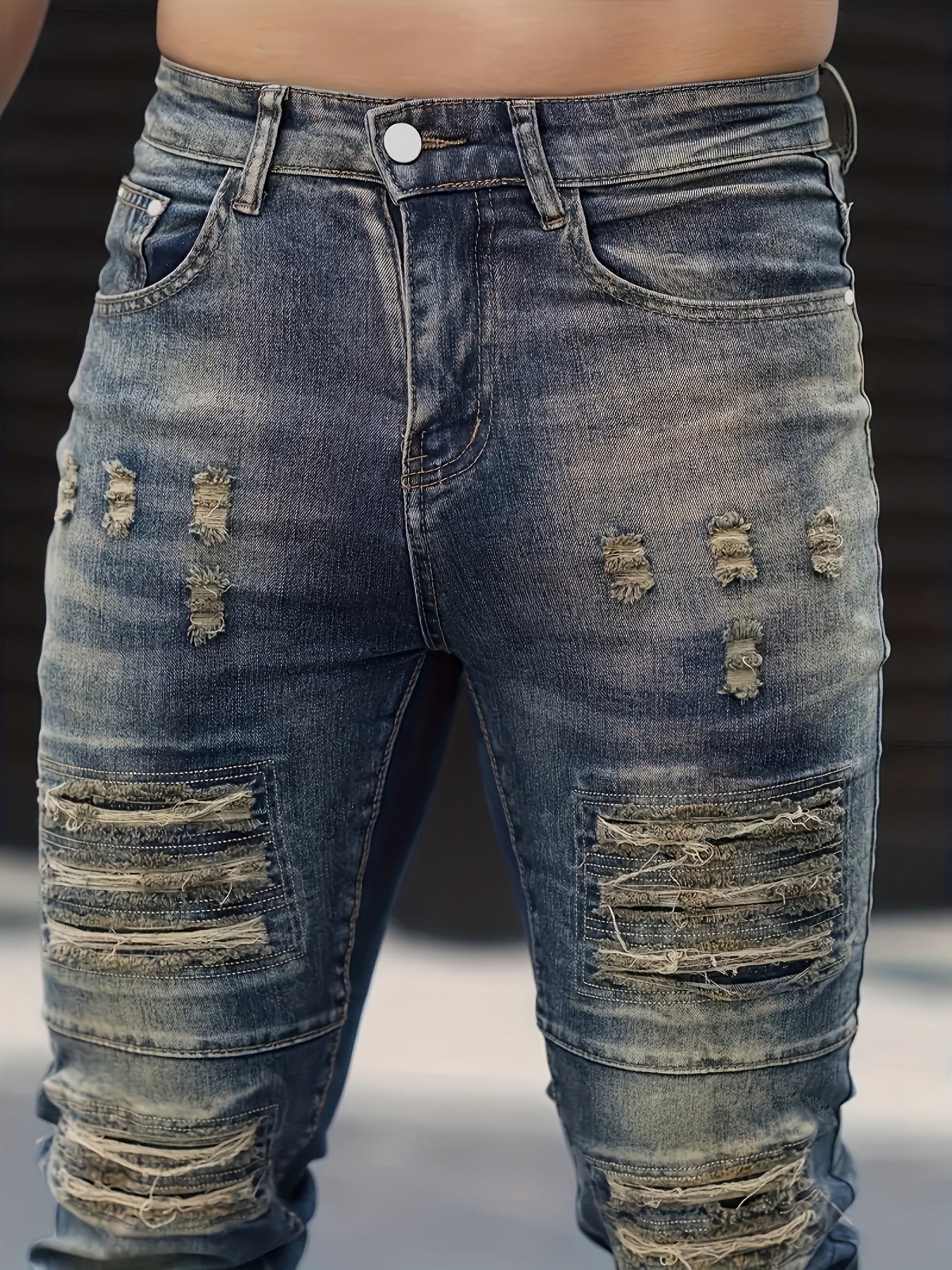 Men's Jeans, Stretch Denim Feet, Ripped, Craftsmanship, Slim, Dark Blue, Worn Men's Pants, Suitable for All Seasons