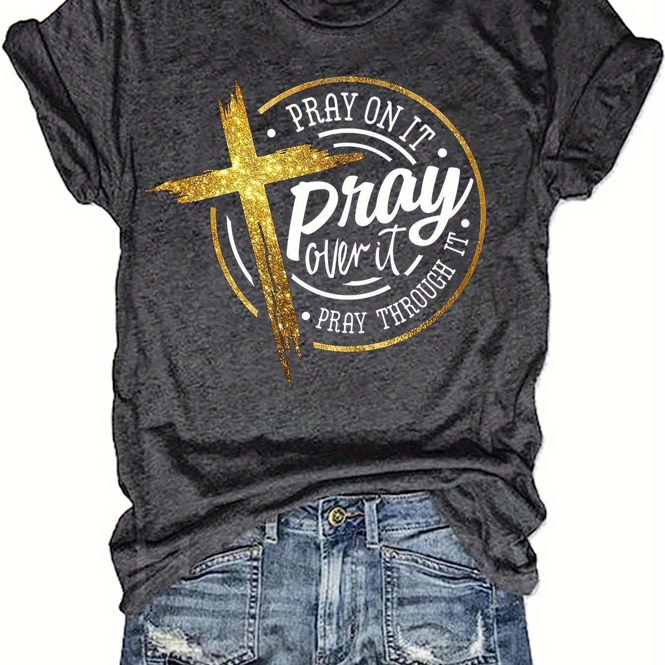 Cross & Pray Print Crew Neck T-shirt, Casual Short Sleeve Top For Spring & Summer, Women's Clothing