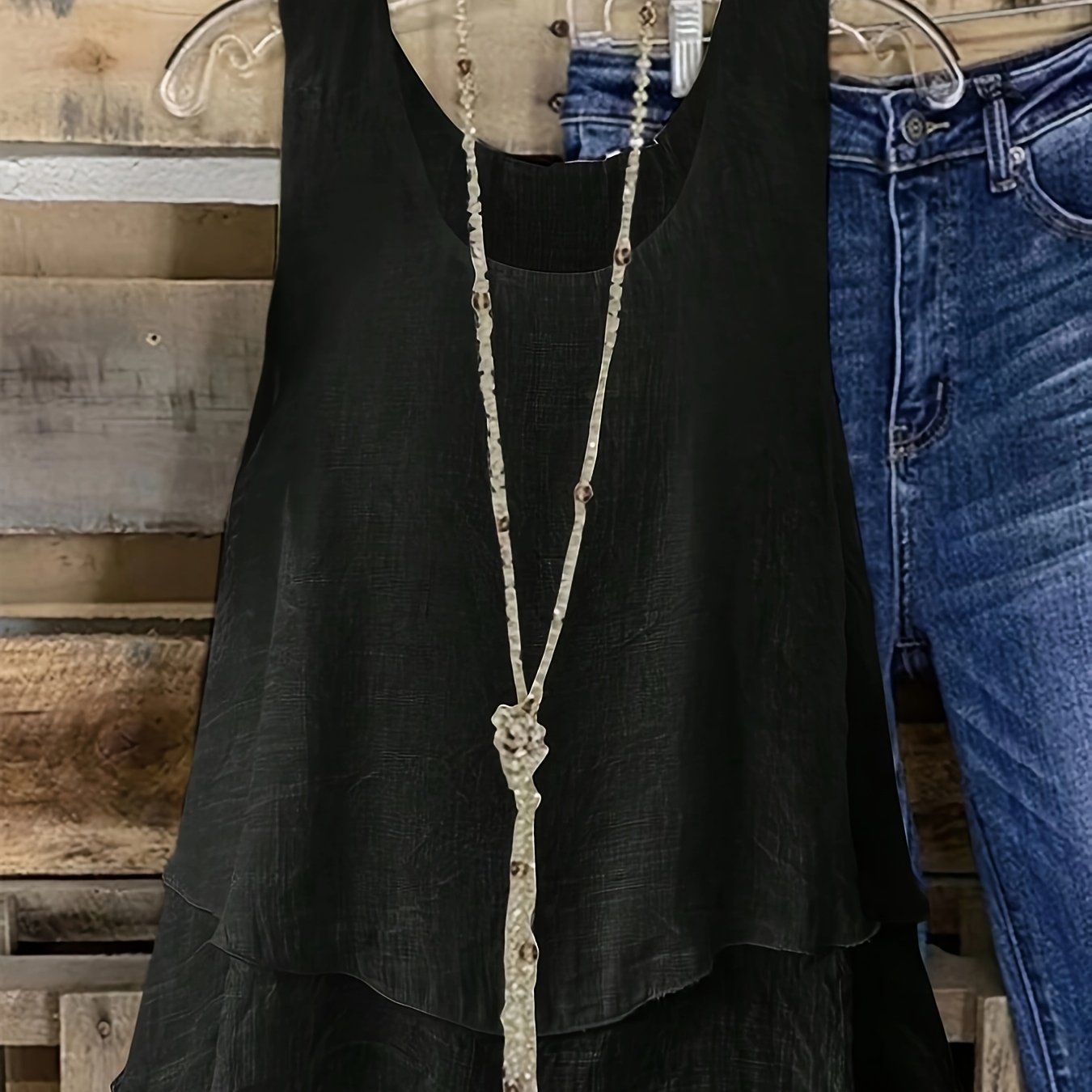 Women's Casual Viscose Blend Tank Top with Ruffle Detail, Solid Color Sleeveless Vest for Spring/Fall - 65% Viscose, 35% Polyester