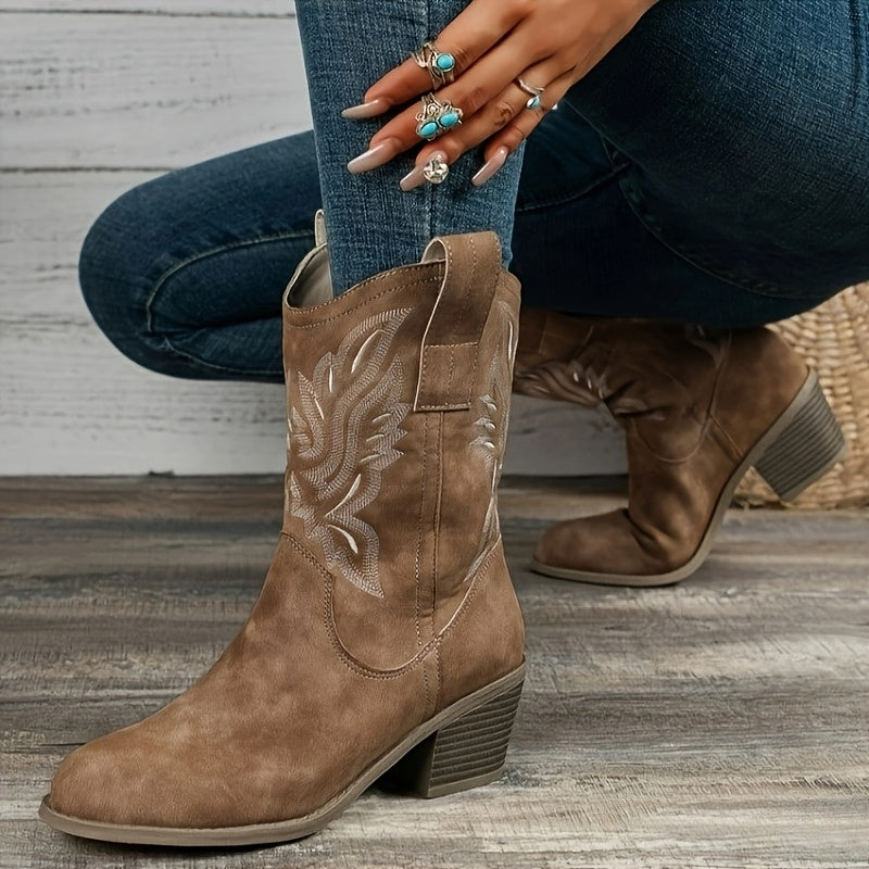 MagiMoBo Women's Western Slip-On Mid-Calf Boots - Pointed Toe Chunky Heel with Floral Embroidery, Synthetic Cover & Rubber Sole, All-Season Casual Boots for Jeans & Dresses, Stylish Footwear, Embellished Footwear, Detailed Em