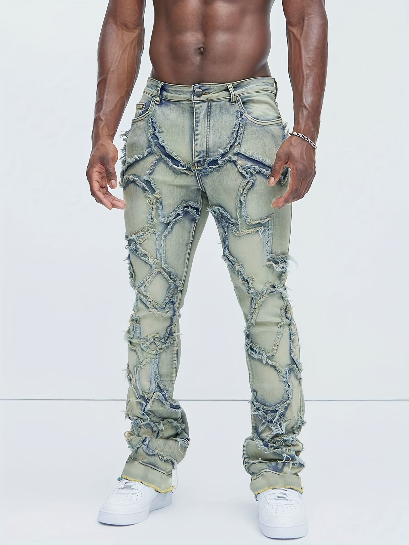Men's Slim-Fit Washed Distressed Jeans with Mid-Rise & Multi-Pocket Design - Mid-Stretch Micro-Flare Denim Pants for All-Season Comfort, Machine Washable Casual Trousers, Relaxed Fit Bottoms, Modern Streetwear, Durable Constr