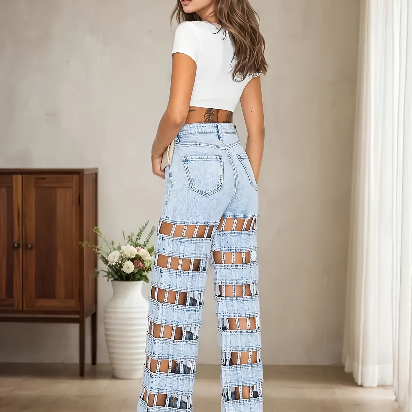Light Blue Women's High-Waist Distressed Denim Wide-Leg Jeans - Casual Street Style with Raw Hem, Button Closure, Washed Finish for Spring & Fall, High Waisted Jeans, Fall Fashion, Fashion forward Look, Non-stretch Fabric