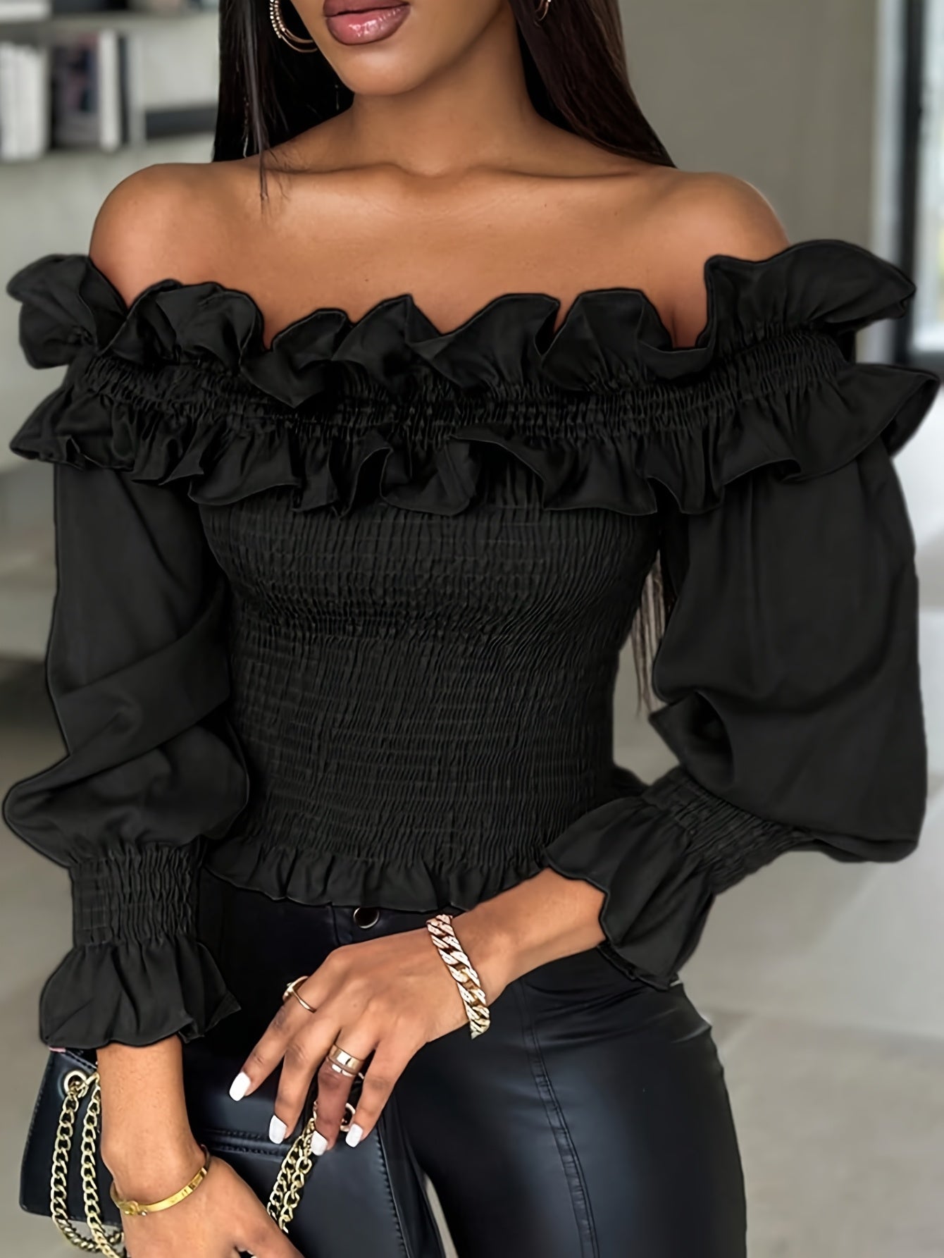 Elegant Off-Shoulder Shirred Blouse for Women - Solid Color, Polyester and Elastane, Machine Washable, Allseason Apparel | Fitted Top | Tailored Fit