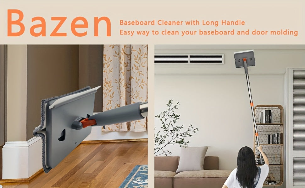 Long Handle Skirting Board Cleaning Tool with 6 Reusable Mop Pads & Accessories – Efficient Wall, Floor, Ceiling, and Tile Cleaner for Bedroom, Bathroom, Kitchen, Living Room, and More, Ergonomic Design | Durable Plastic Ha