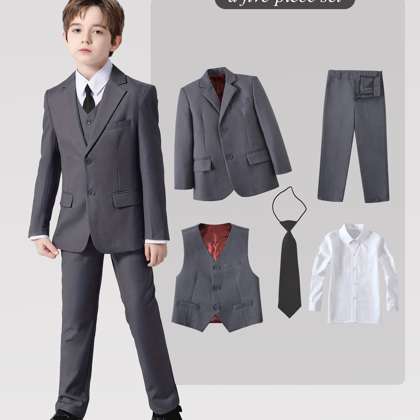 Back to School Season Boy's Formal Suit Set Slim Fit Blazer & Shirt & Pants & Vest & Tie 5pcs Set for Wedding Ring Bearer Birthday Party Speech Prom Dress Youngsters Tuexdo Outfits Black Wine Red Dark Gray, Ring Bearer Attire