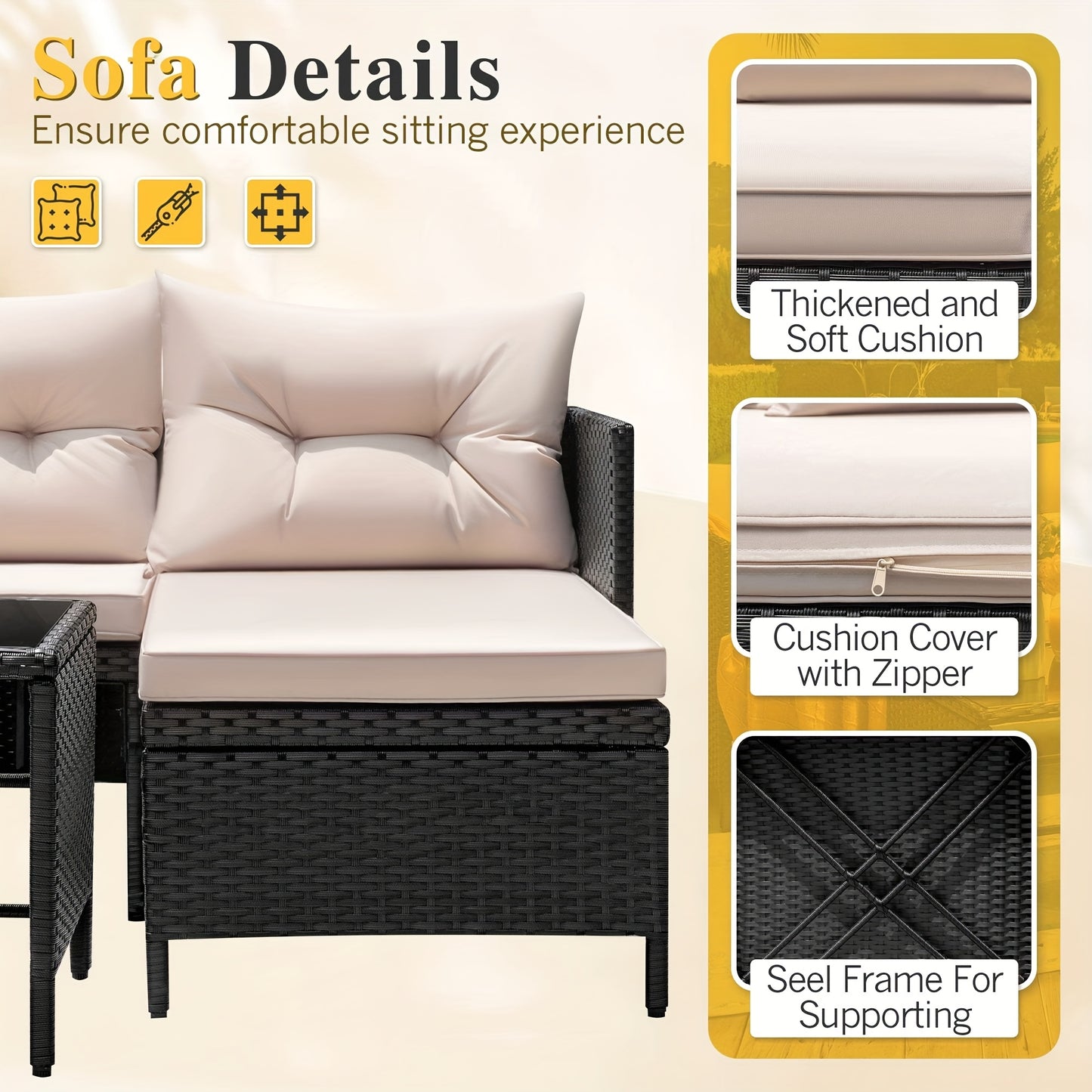 Outdoor Rattan Sofa, L-Shaped Lounge Chair With Table, Black Rattan And Beige Cushion