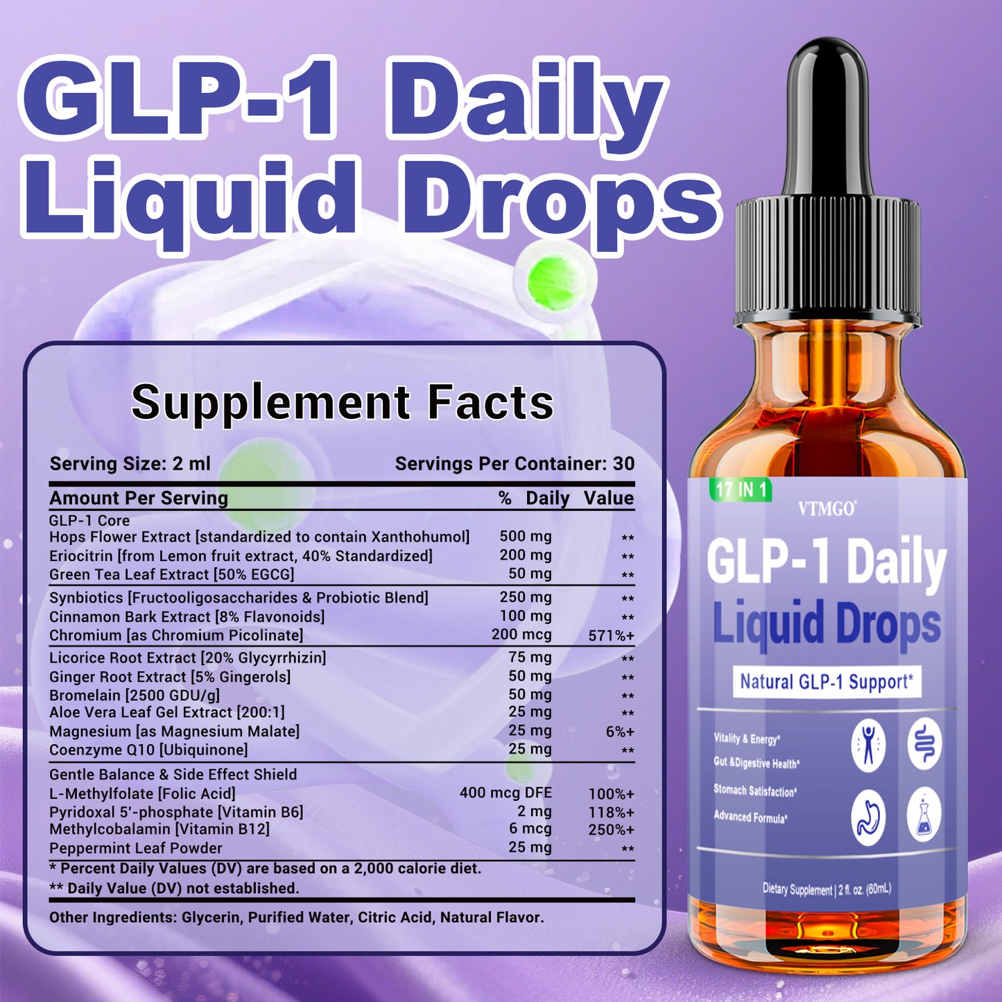 GLP-1 Daily Liquid Drops, GUT Health. Helps Appetite.B Vitamins, Ceylon Cinnamon, Probiotics, Ginger Root, Hops Flower, Green Tea, L-Methylfolate, Magnesium.Antioxidant, Balanced Diet, Suitable for Both Men and Women. Each Bo
