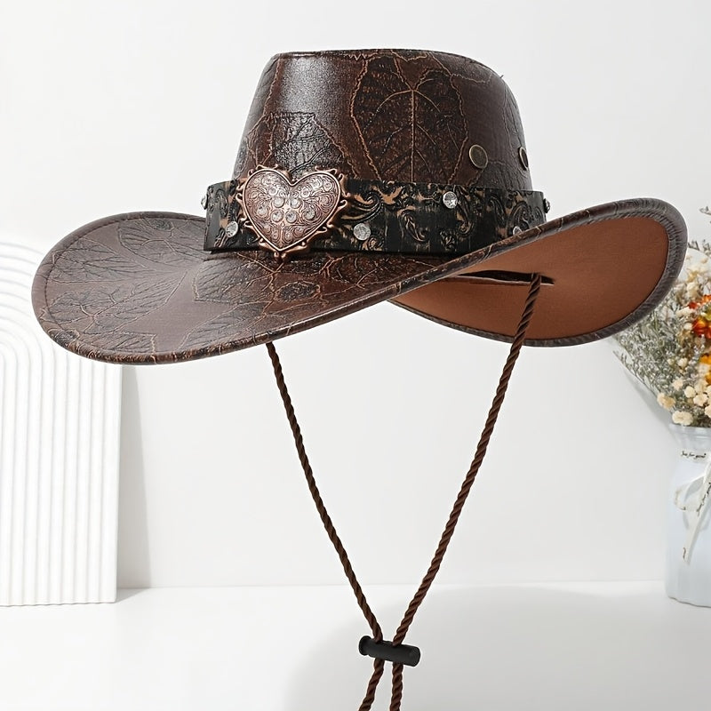 1pc Elegant Heart Pattern Faux Leather Cowboy Hat, Unisex Fedora Style Western Hat, Lightweight, Non-Stretch Fabric, with Diamond Accents for Travel, Parties, and Daily Wear