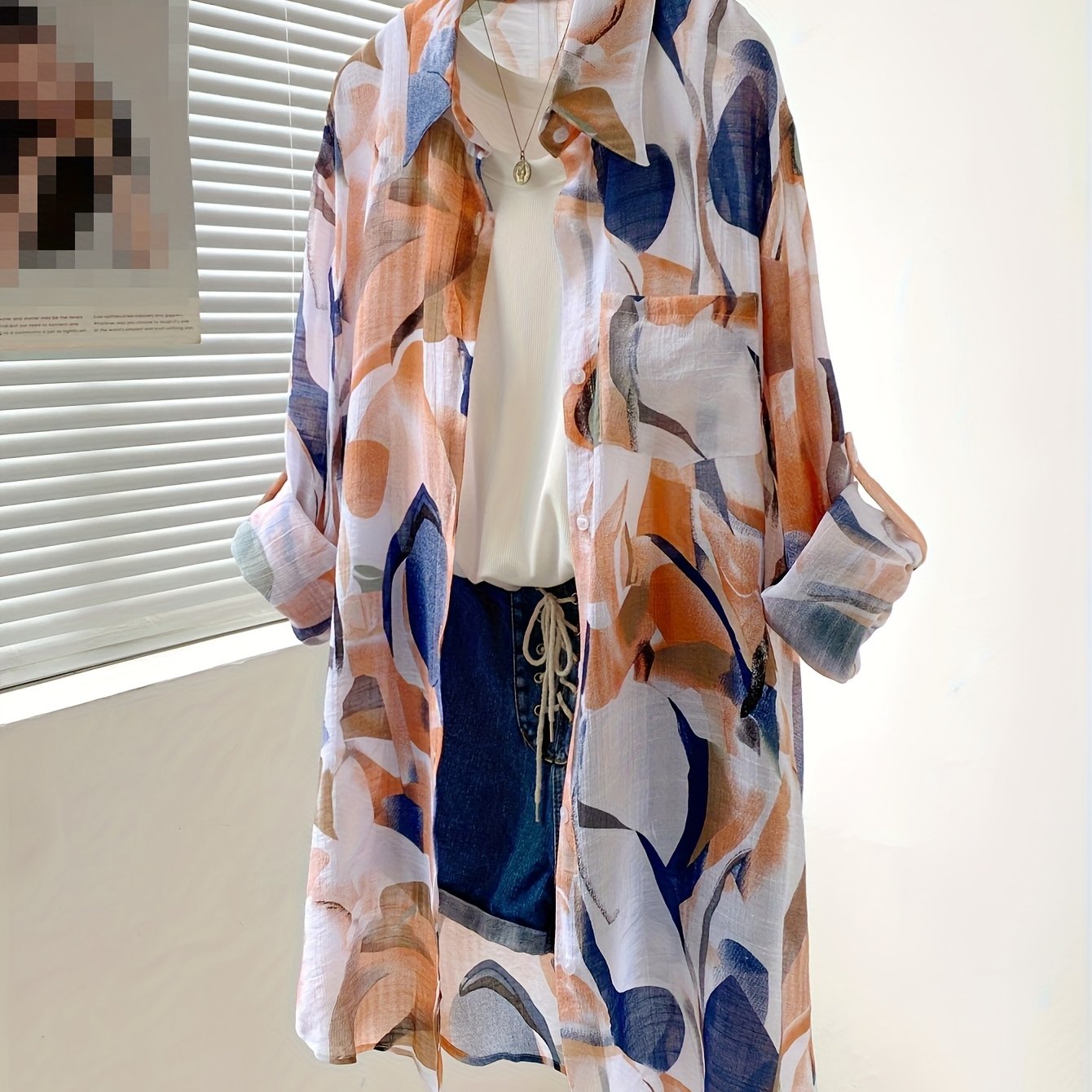 Women's All-Season Casual Elegant Blouse - Lightweight Semi-Sheer Geometric Print Long Sleeve Shirt, Loose Fit Collar Button-Up Cardigan Style Top for Outdoor & Leisure Wear, Collar Design, Breathable Fabric, Delicate Texture