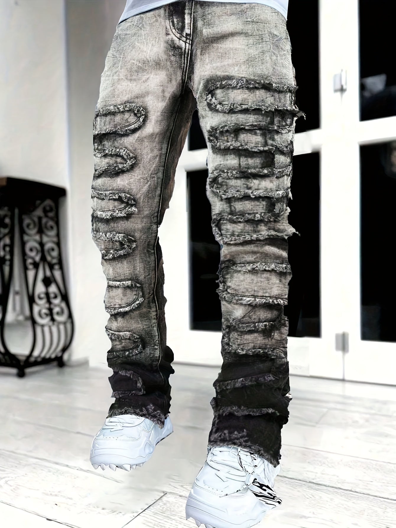 Men'S Fashion Trend Retro Washed Gradient Patch Versatile Straight Leg Jeans