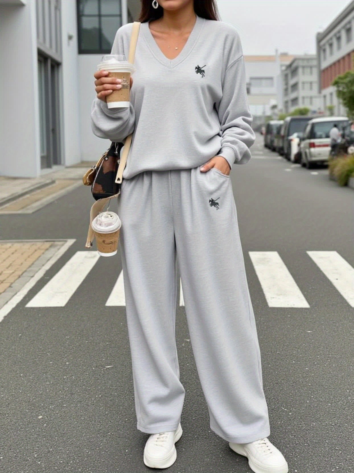 Women's Stylish Light Grey V-Neck Sweatshirt & Jogger Set - Cozy Fall & Winter Outfit with Pockets, Casual Crew Neck, Long Sleeve, Loose Fit for Casual Attire, Casual Wear|Vneck Design| Construction, Sweater Set