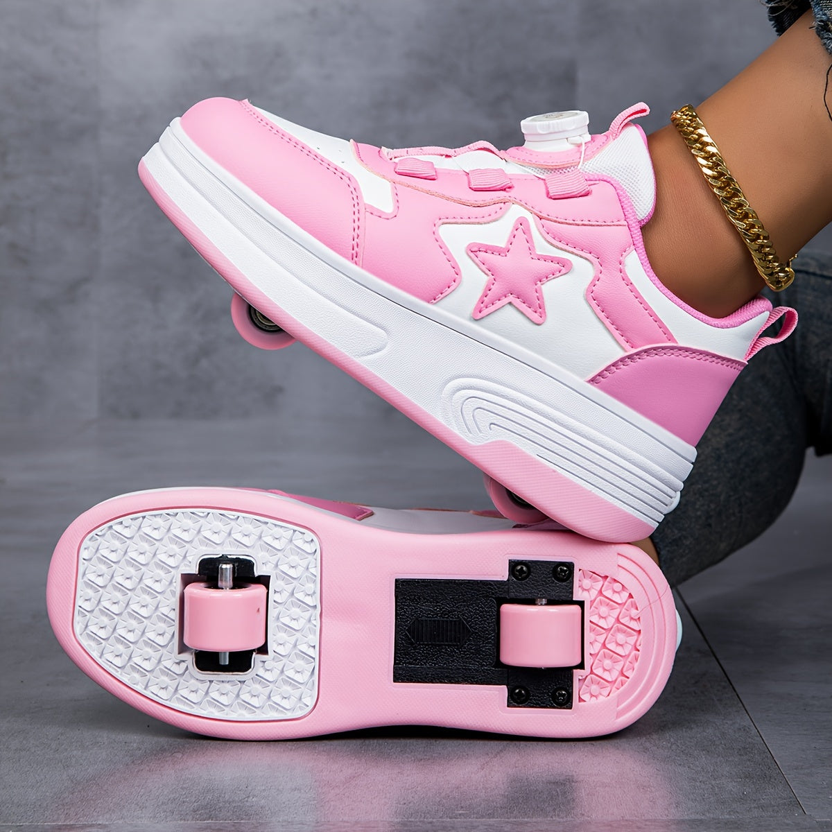 & Pink Roller Skate Sneakers with Detachable Wheels & Rotating Buckle Closure - All-Season Comfort, Star Pattern Design, Low-Top TPR Sole & EVA Cushioning - Durable -like Upper for Training, Sports, Outdoor Play - Ideal Birth