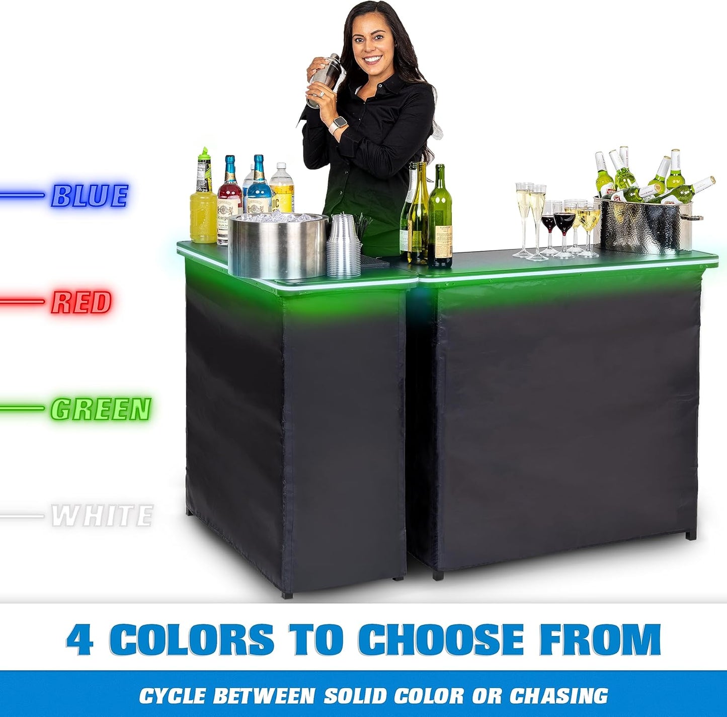 Gobar Portable Double Bar Table Set With Multi-Color Led Lights - Mobile Bartender Station For Events - Includes Carrying Case