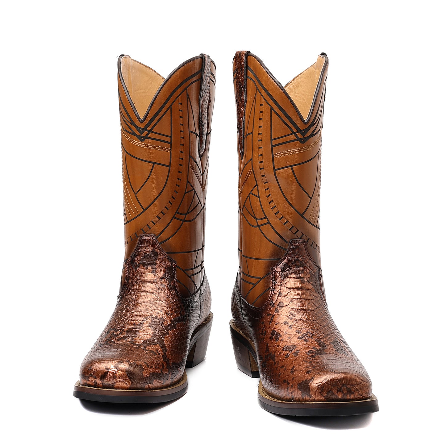Men's Western Cowboy Boots with Imitation Snake Pattern & Wooden Heel Sole - Slip-Resistant High Heel, Pointed Toe Long Boots for Men & Women, Rustic Brown Booties for Casual & Semi-Formal Outfits