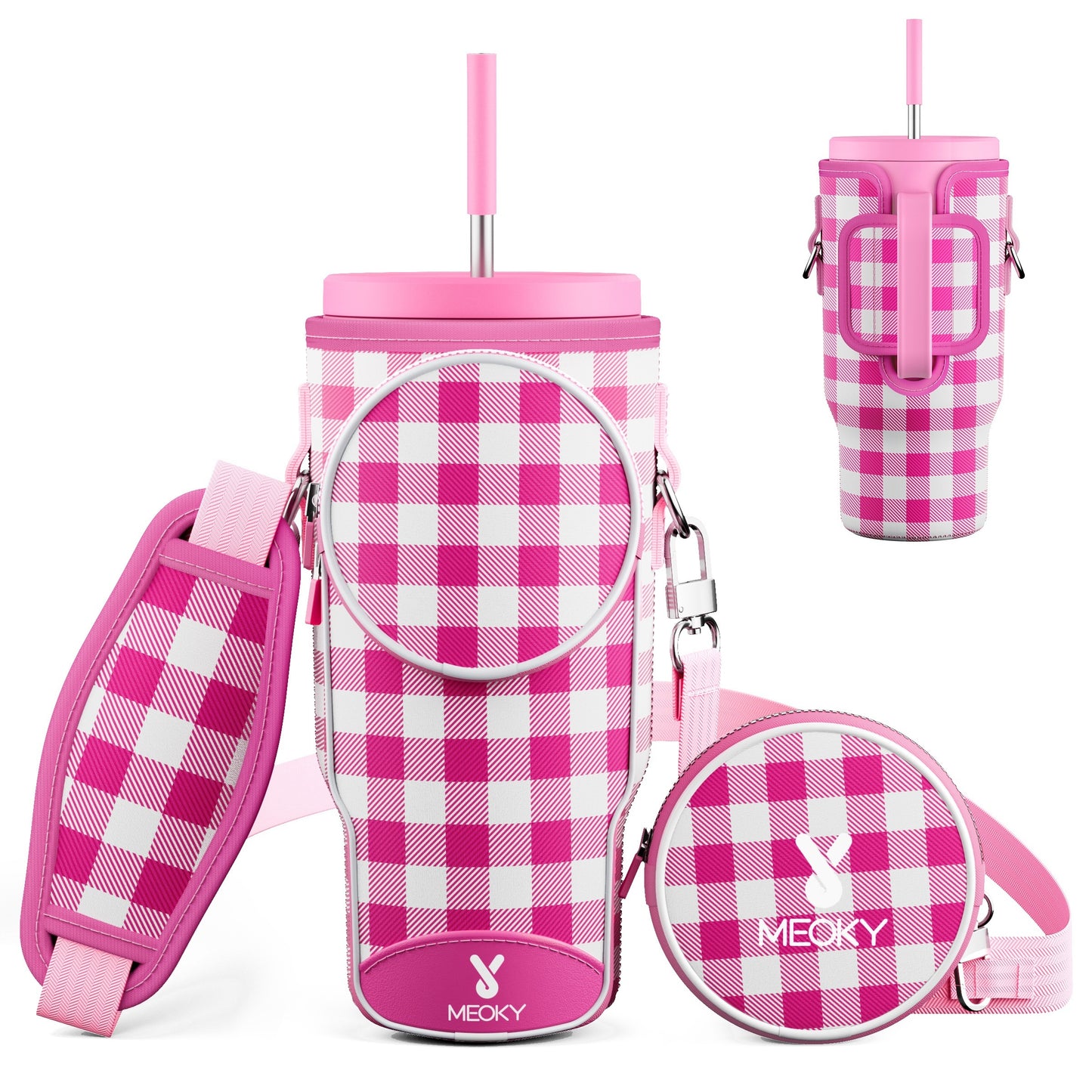 Meoky 1pc Water Bottle Carrier Bag With Phone Pocket For 40 Oz Tumbler With Handle, Neoprene Water Bottle Holder Pouch With Adjustable Strap, 2 Carabiner Clips