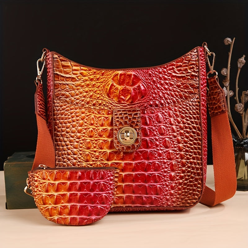 Elegant women's cross-body bag, fashionable color crocodile pattern cross-body bag, wide shoulder strap removable two-piece women's bag, safety zipper bag with coin purse