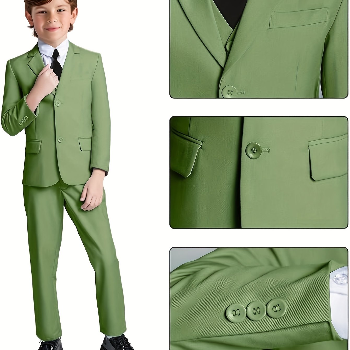 Boys' 3-Piece Suit Set: Slim-Fit Solid Green Jacket, Vest & Pants with Pockets - All-Season Formal Party Wear, Long Sleeve, Regular Sleeve Design, Formal Attire for Boys, Party Attire, Classic Lapel Collar, Durable Fabric