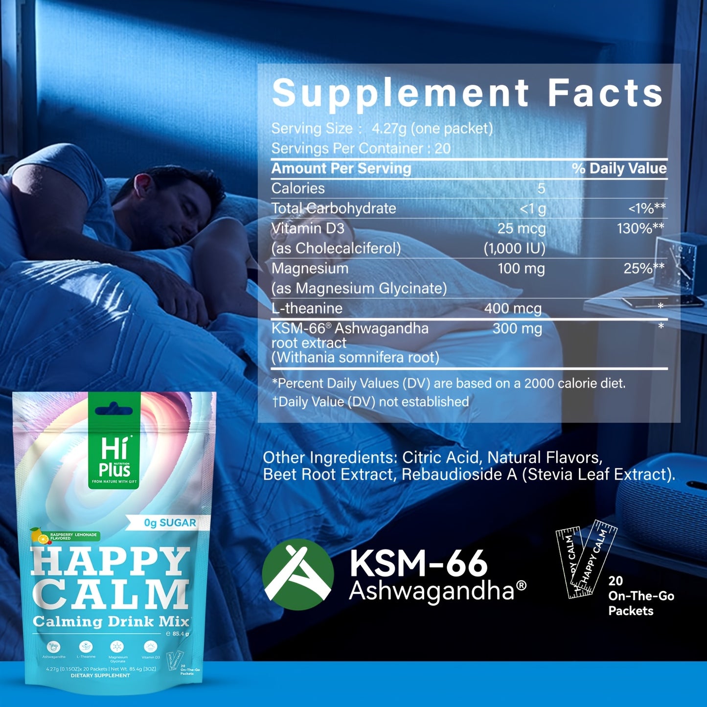 HiPlus Calm Super Powdered Drink Mix, Raspberry Lemonade, L Theanine, Ksm-66 Ashwagandha, Magnesium Glycinate, Vitamin D 3, Supplement for Relaxation And Concentration, Sugar-Free, On-the-Go, 20 Ct-Calming Magnesium Calming P