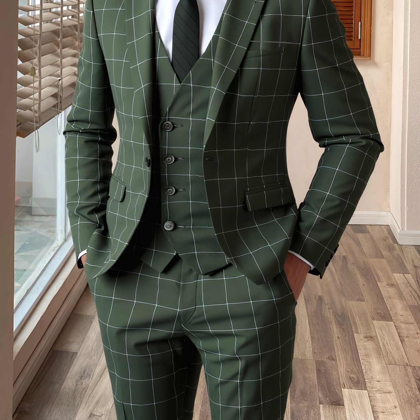 Men'S 3pcs Plaid Suit Formal Wedding Party Event Vintage Western Suit Casual Business Workwear Dress Suit