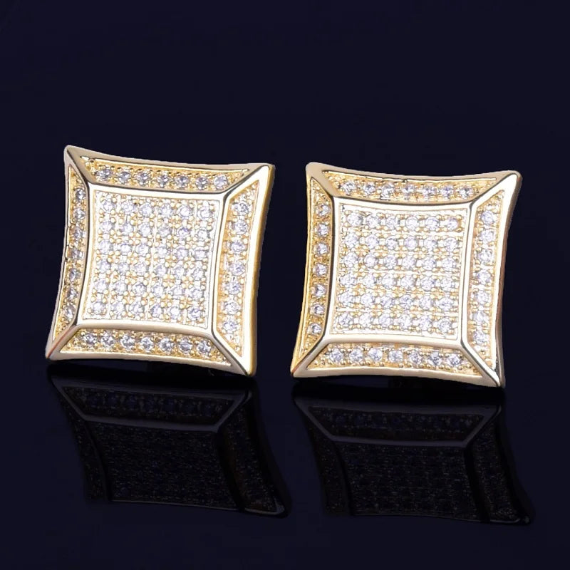 15MM Big Square Men Stud Earring Gold Color Full Cubic Zircon Screw Back Earrings Hip Hop Jewelry for Women
