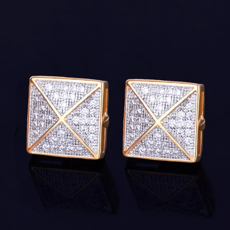 Men's Stud Earring Square Charm Screw Back Full Zircon Women Silver Color Fashion Hip Hop Jewelry