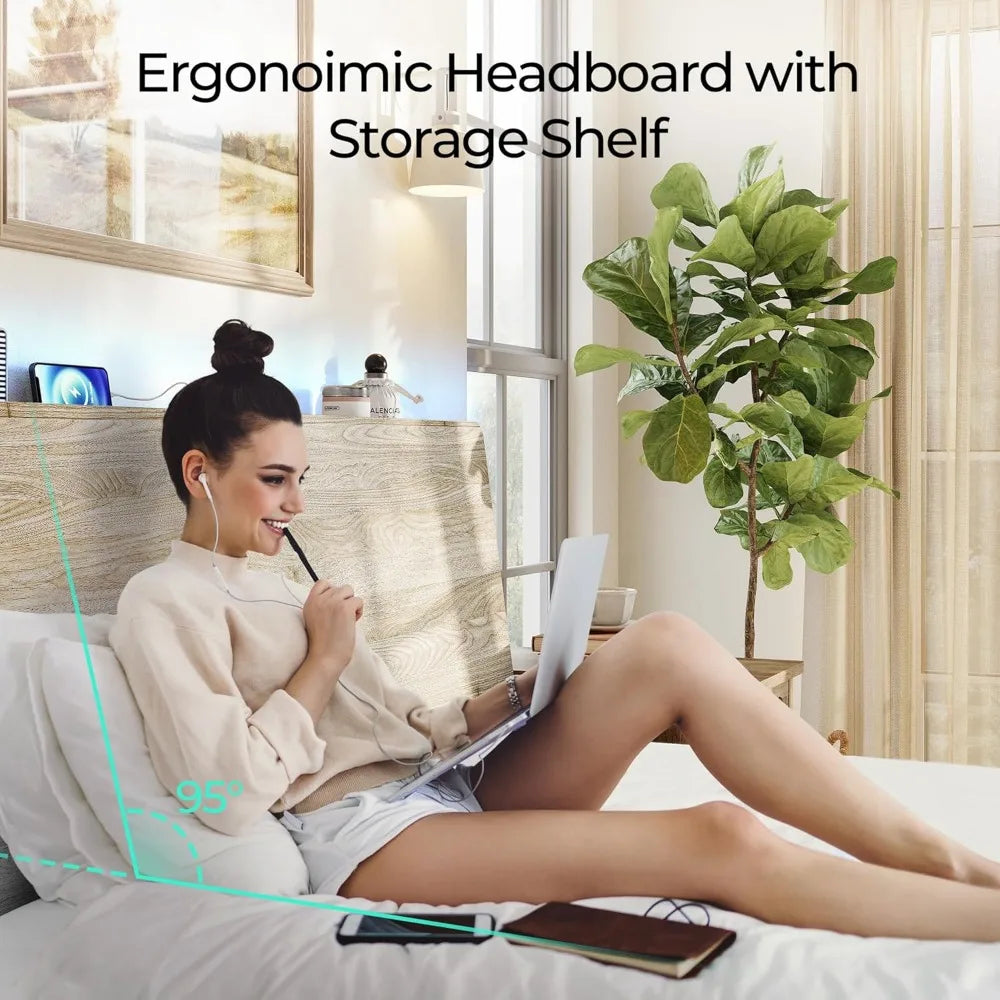 LINSY Full Size Wood Bed Frame with Ergonomic Headboard, RGB Lights, Outlets & Charger, Storage Shelf, Noise-Free, No Box