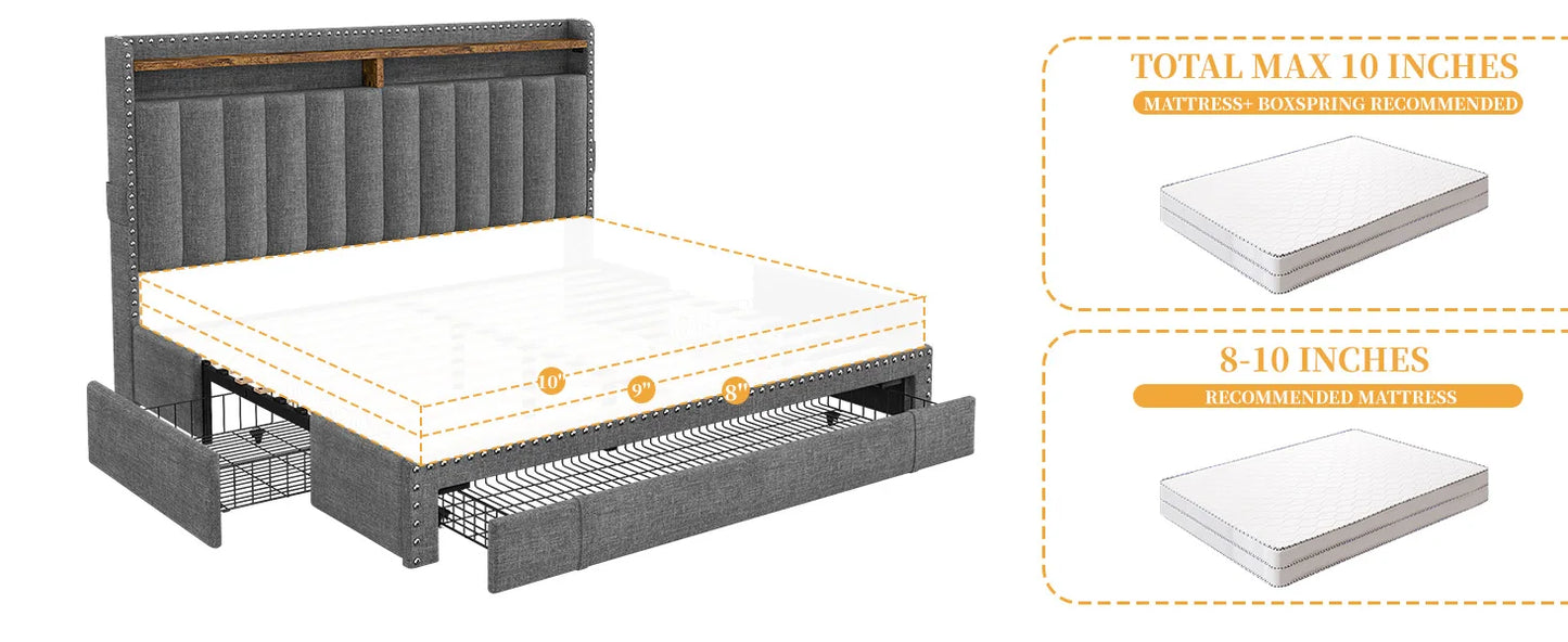 Queen Bed Frame with 3 Drawers Upholstered Bed Frame Size with Headboard,Size Frame, Frame with