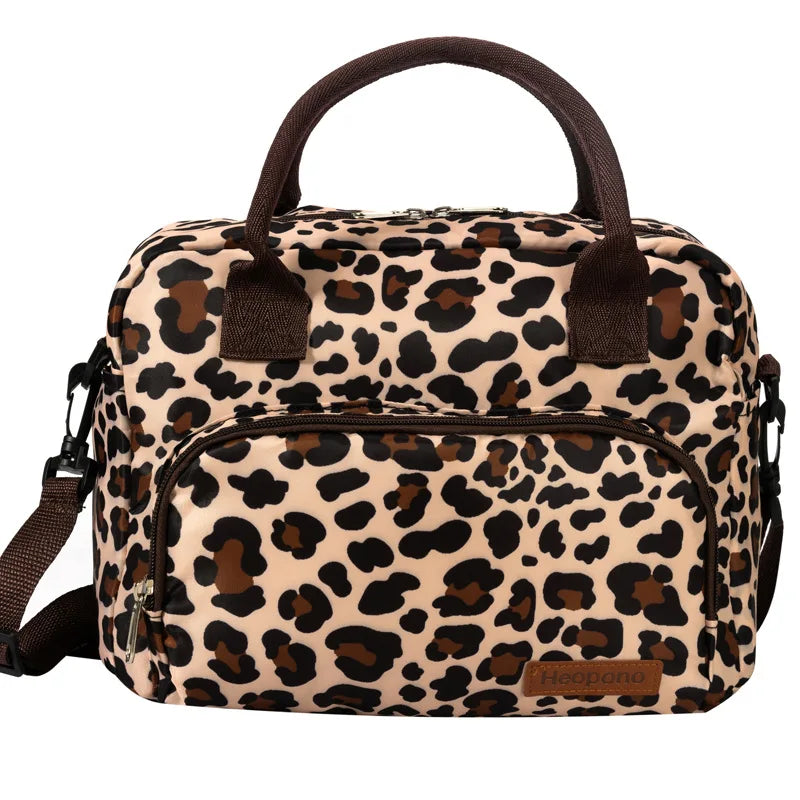 Large capacity leopard print Oxford cloth crossbody lunch bag, American modern minimalist hand-held mommy ice pack