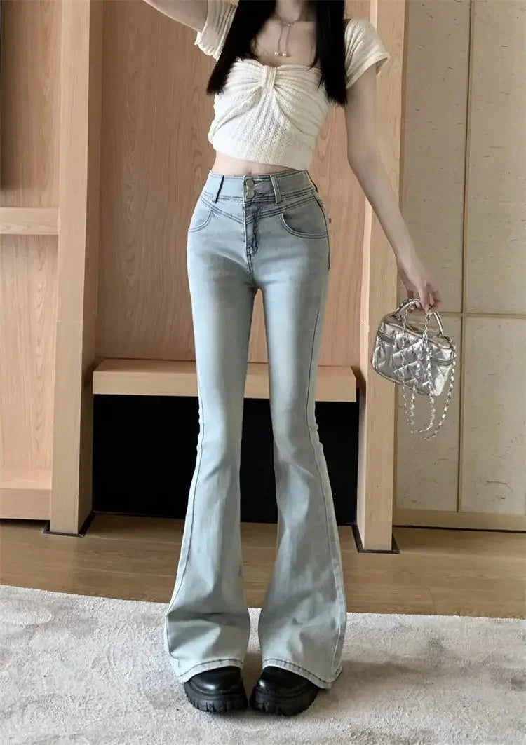 Spring Autumn Spicy Girl Bow Micro Flared Jeans Women's Petite High Waisted Slimming Elastic Horse Leggings Straight Leg Trouser