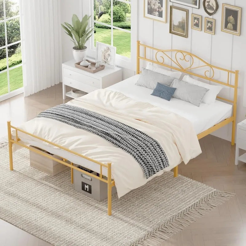 Metal Platform Bed Frame with Headboard & Footboard, Steel Slats Mattress Foundation, No Box Spring Needed, Queen, Gold