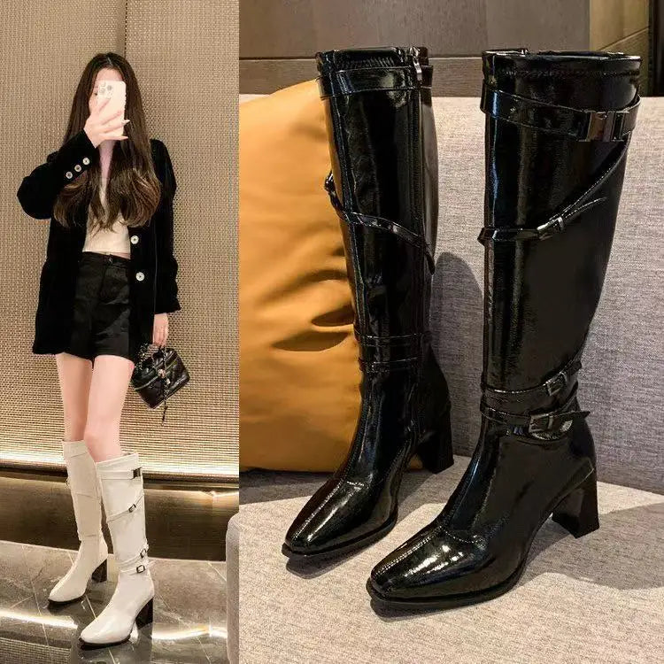 Foreign style high-heeled boots women's 2025 autumn new belt buckle thick heel square head high boots temperament knight boots