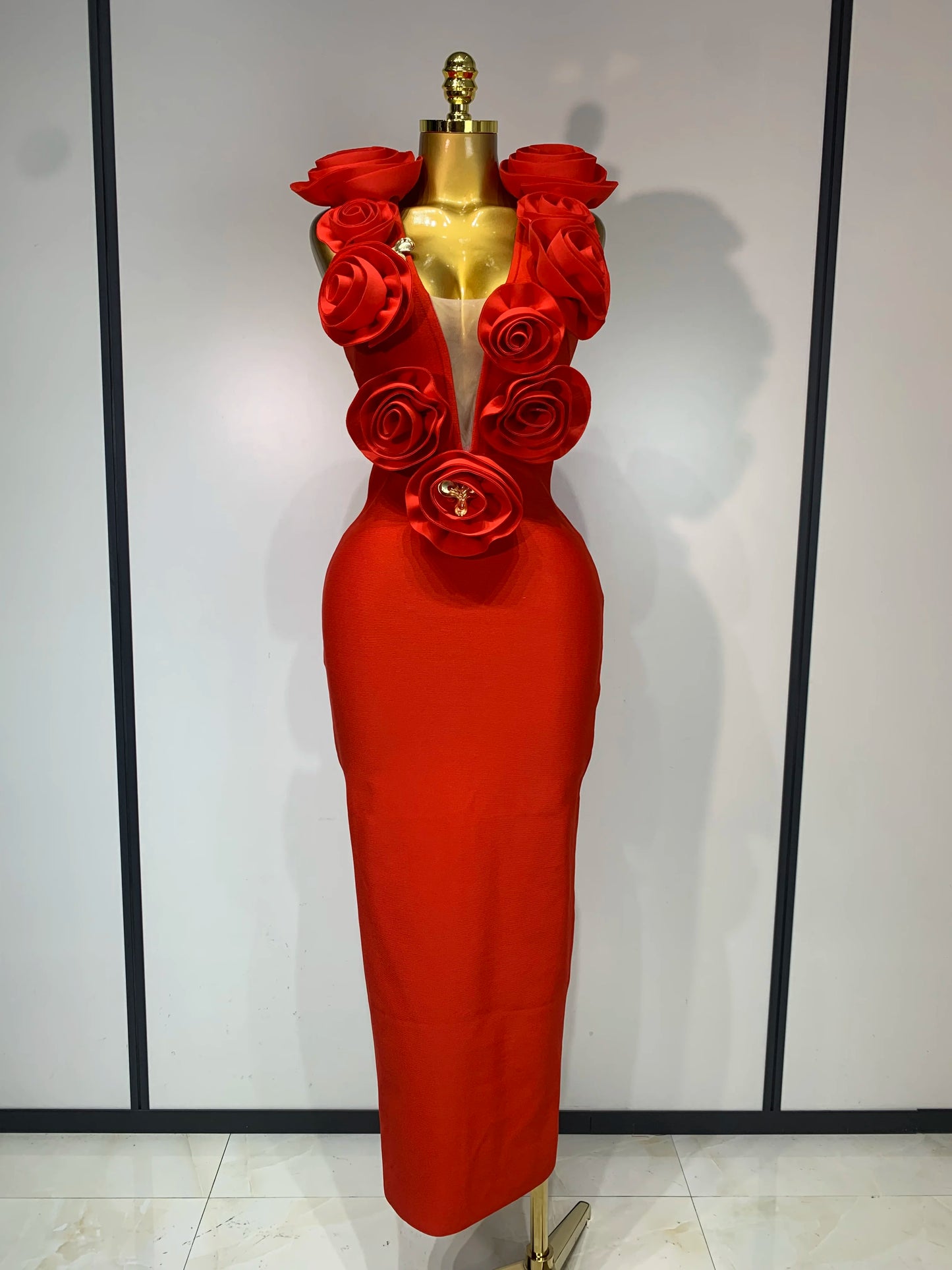 Fashion Black 3D Flower Bodycon Long Bandage Dress Celebrity Elegant Party Birthday Dress Women's Sleeveless Sexy Vestidos