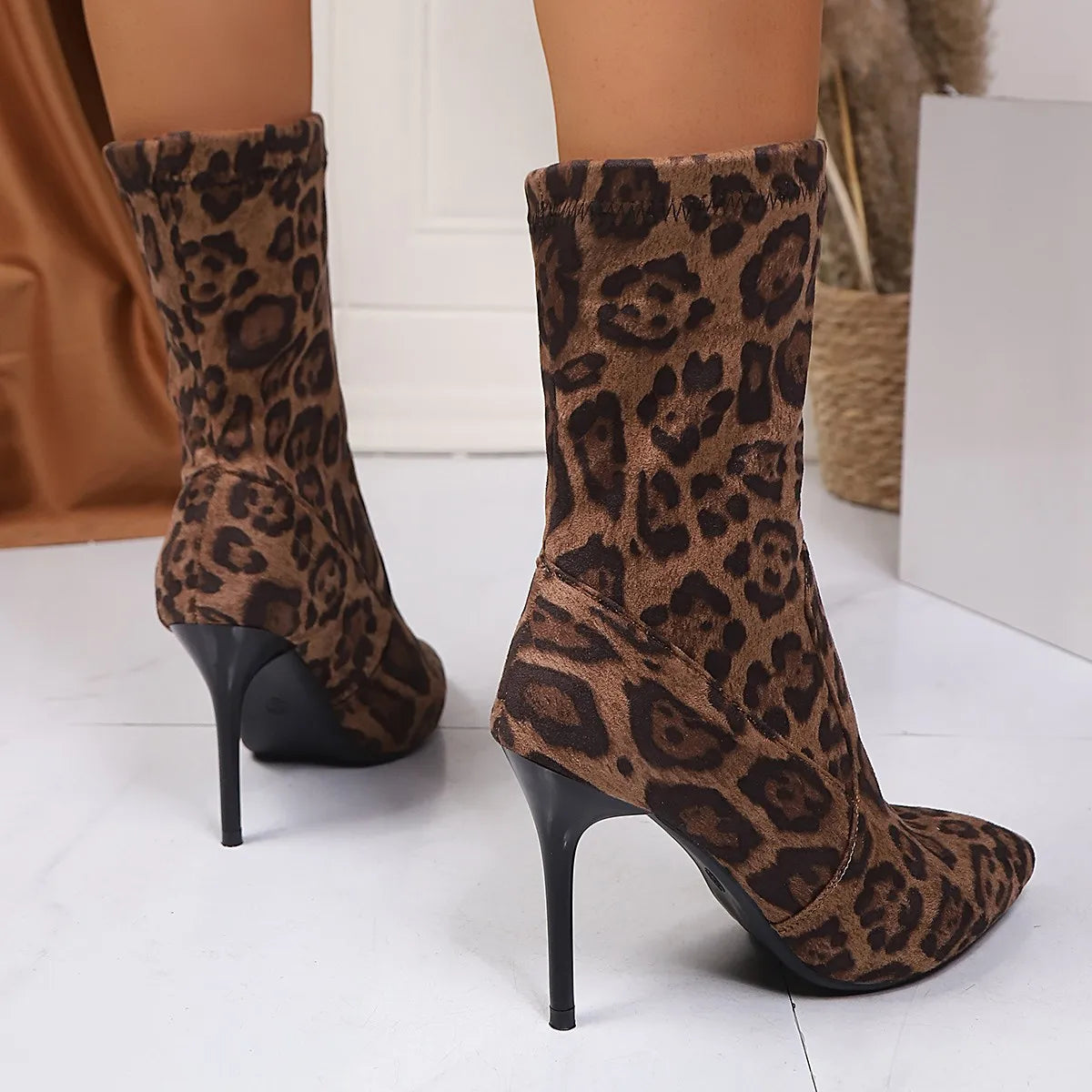 Popular European and American style sexy leopard print pointed head high heel short boots suede comfortable versatile thin boots