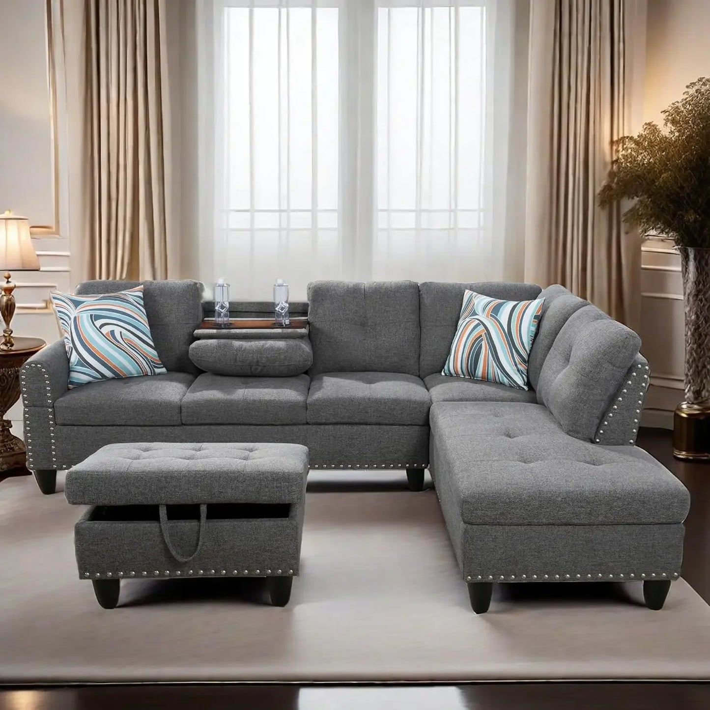L Shaped Sectional Couch with Storage Ottoman, Modern Nailhead Lounge Sofa with Reversible Cup Holder & Chaise, 97"4 Seat Sofá