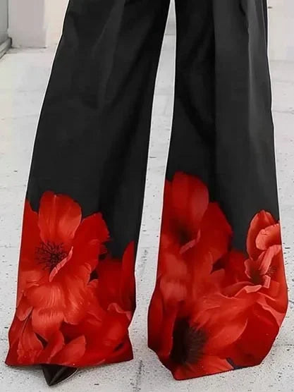 UOOZEE 2025 New Female Stylish Floral Printed Pleated Pants Loose Urban Office Elastic High Waisted Wide Leg Trousers Bottoms