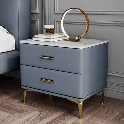 Modern Style Solid Wood Bedside Table with 2 Drawers Leather Bedroom Nightstands with Sintered Stone Top Mini Storage Cabinet
