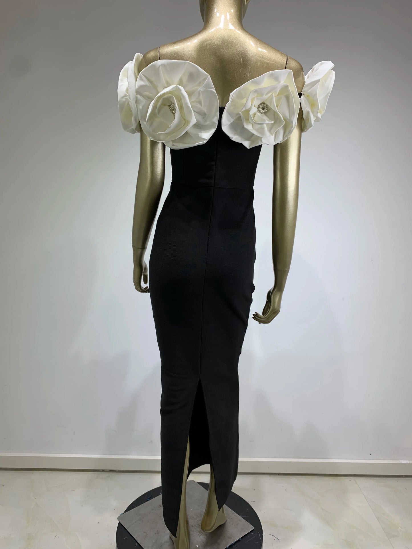 Women Celebrity Sexy Off Shoulder Flower Diamonds Black Maxi Long Bandage Dress 2024 Knitted Elegant Evening Club Party Clothing