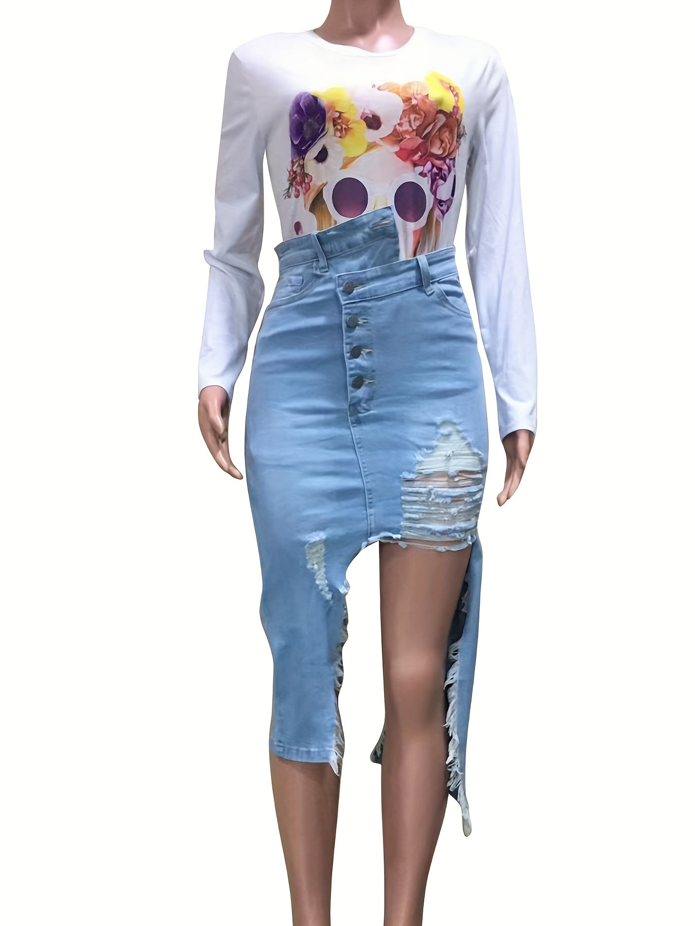 's White/Blue Denim Short/Asymmetrical Short-to-Medium length (hem can be adjusted) Fringe-Free Straight/curved cut-off skirt - Heavy-Duty Non-Stretch Denim (No) - Machine Washable Fall/Winter Outfit (Sexy Casual to